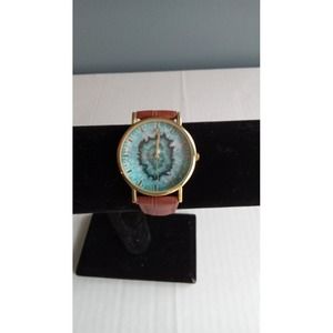 WZ Agate Stone‎ Watch Gold Tone Bezel Brown Leather Band Fashion